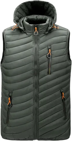 Men's Lightweight Vest with Hood Cotton-Padded Jacket Zipper Casual Warm Winter Outdoor Coat