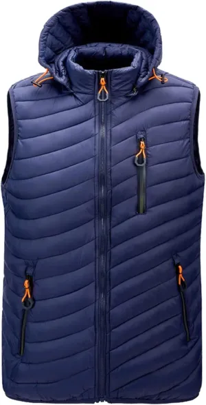 Men's Lightweight Vest with Hood Cotton-Padded Jacket Zipper Casual Warm Winter Outdoor Coat