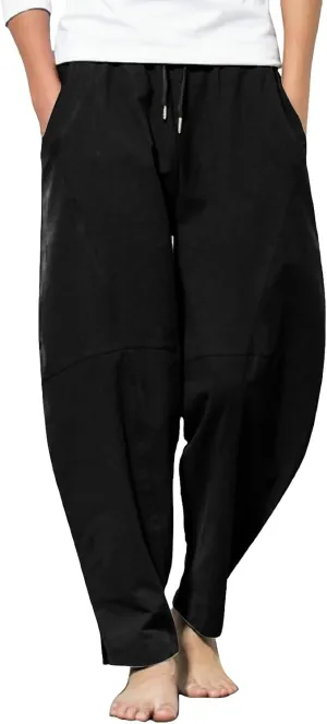 Mens Linen Beach Pants Plus Size Plain Outdoor Casual Pants Vacation Open Bottom Trousers Straight Leg Summer Slacks