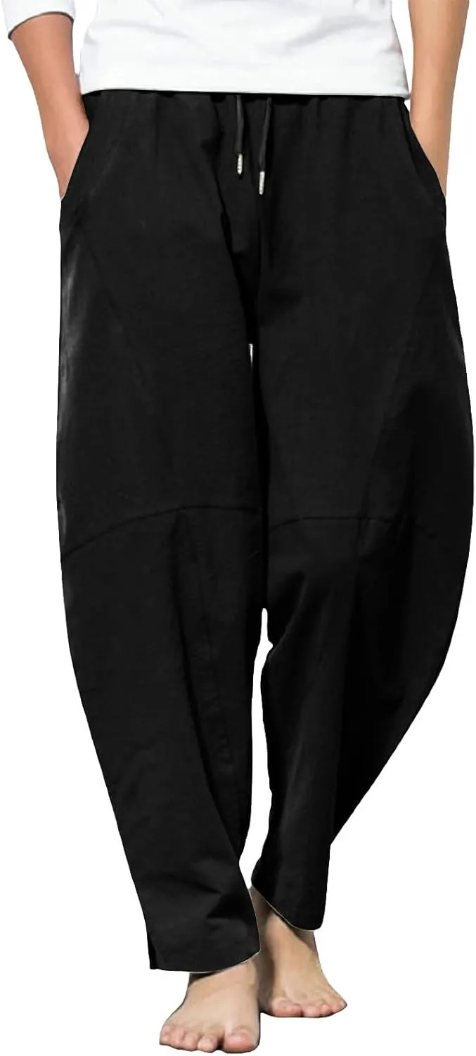 Mens Linen Beach Pants Plus Size Plain Outdoor Casual Pants Vacation Open Bottom Trousers Straight Leg Summer Slacks