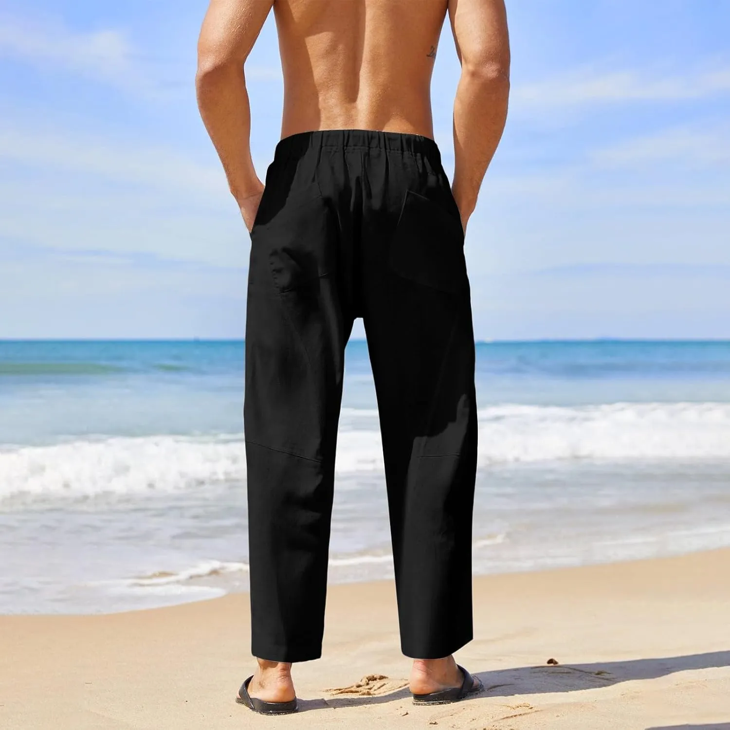 Mens Linen Beach Pants Plus Size Plain Outdoor Casual Pants Vacation Open Bottom Trousers Straight Leg Summer Slacks