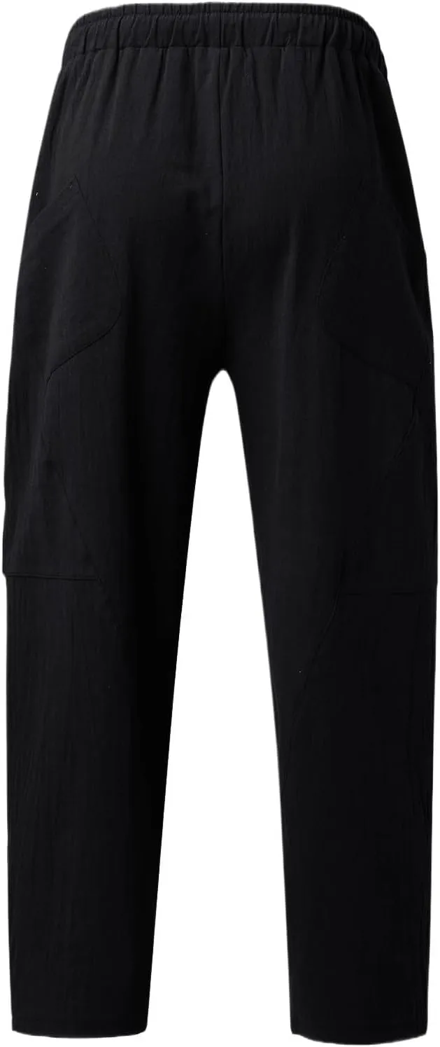 Mens Linen Beach Pants Plus Size Plain Outdoor Casual Pants Vacation Open Bottom Trousers Straight Leg Summer Slacks