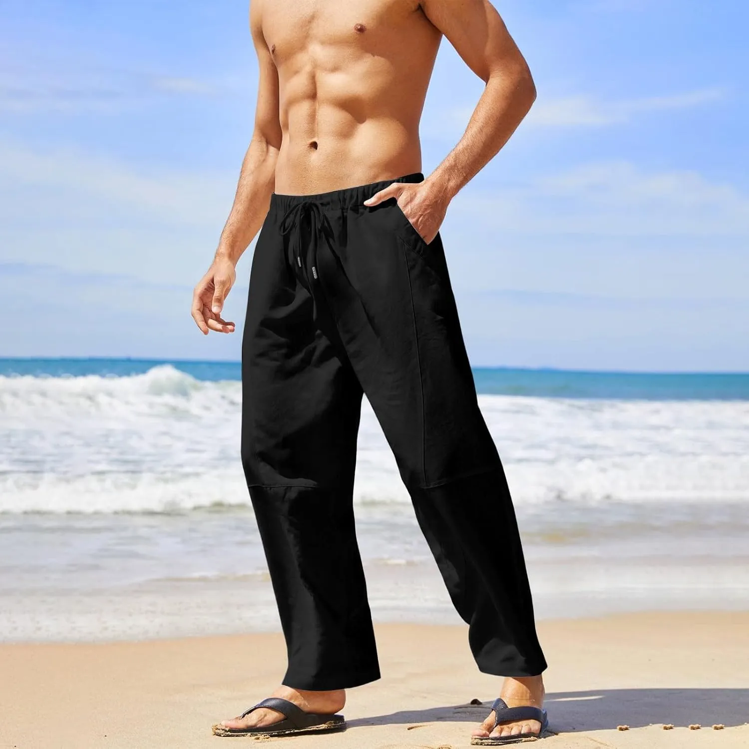 Mens Linen Beach Pants Plus Size Plain Outdoor Casual Pants Vacation Open Bottom Trousers Straight Leg Summer Slacks
