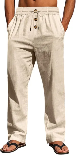Men's Linen Pants Casual Fashion Buttons Loose Breathable Beach Summer Pant Sports Trousers