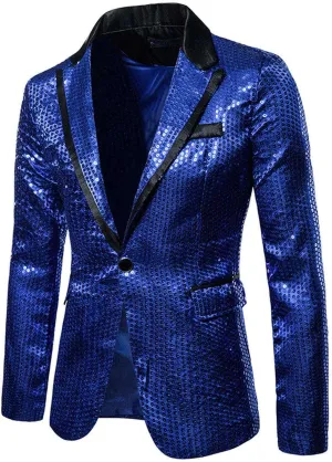 Mens Sequin Blazer Jacket Slim Fit One Button Tuxedo Sparkly Lapel Dress Jacket Party Prom Dinner Wedding Tuxedo Coat