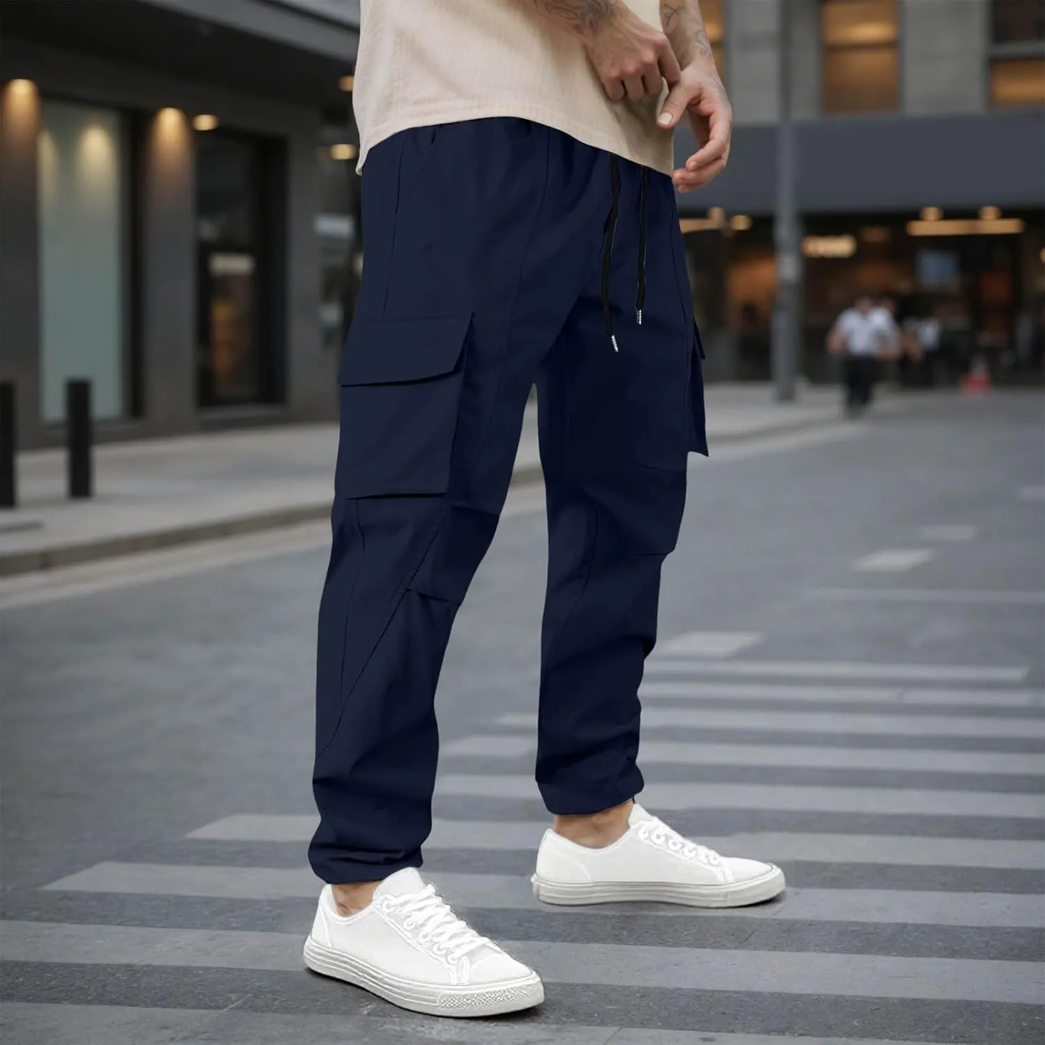 Mens Stretch Work Trousers Working Tactical Linen Elastic Waist Skinny Bike Athletic Basketball Leather Cargo Joggers