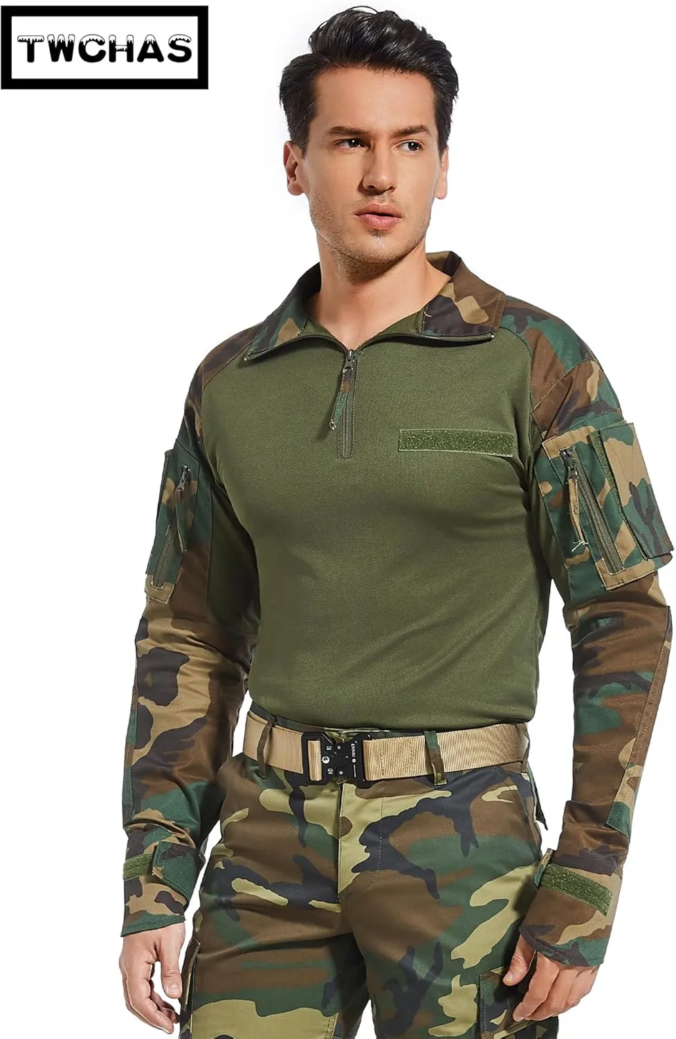Mens Tactical Military Shirt 1/4 Zip Long Sleeve Slim Fit Military Combat Shirt with Pockets
