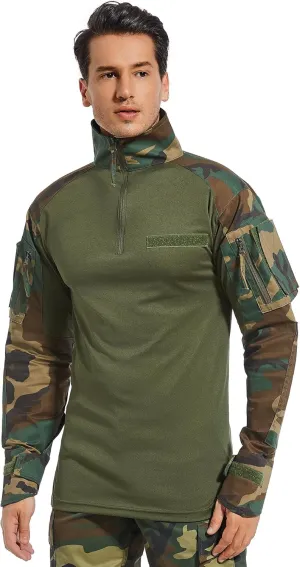 Mens Tactical Military Shirt 1/4 Zip Long Sleeve Slim Fit Military Combat Shirt with Pockets