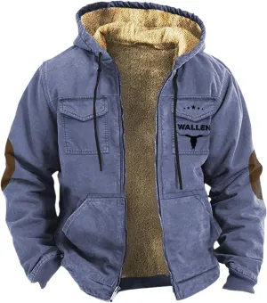 Men's Thermal Hooded Puffer Jacket Winter Coats Western Cowboy 3D Printed Hooded Brown Men's Winter Jacket with Hood