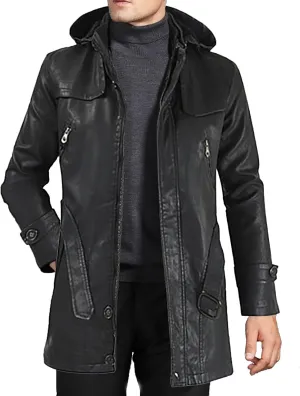 Men's Trench Coat Winter Casual Leather Jacket Zipper Long Sleeve Hoodie Trench Coat Mens Wool Coats Winter