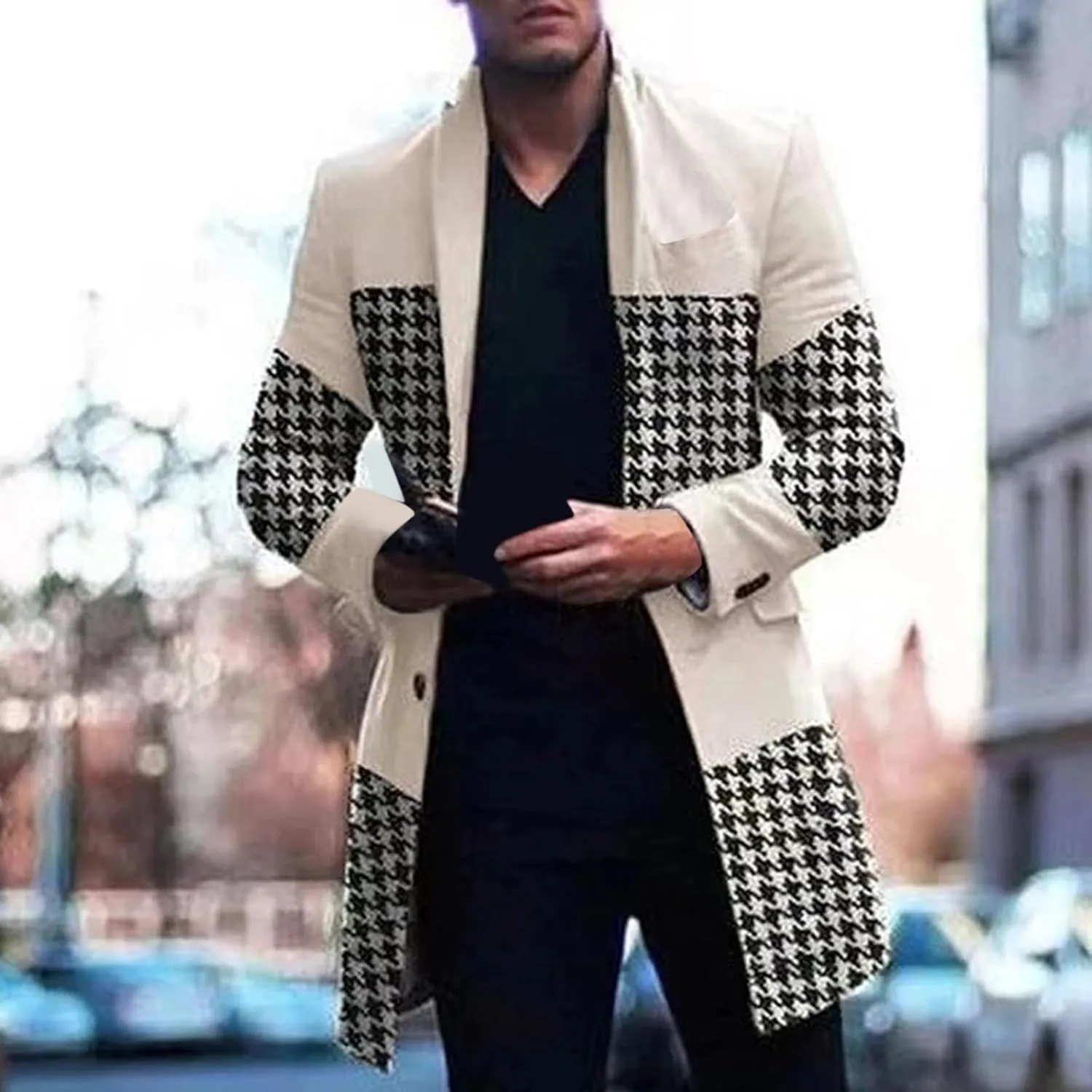 Men's Tweed Trench Coat Notched Collar Single Breasted Overcoat Vintage Big And Tall Warm Winter Plaid Midi Jackets