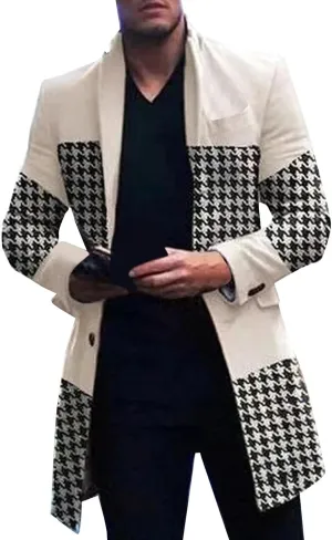 Men's Tweed Trench Coat Notched Collar Single Breasted Overcoat Vintage Big And Tall Warm Winter Plaid Midi Jackets