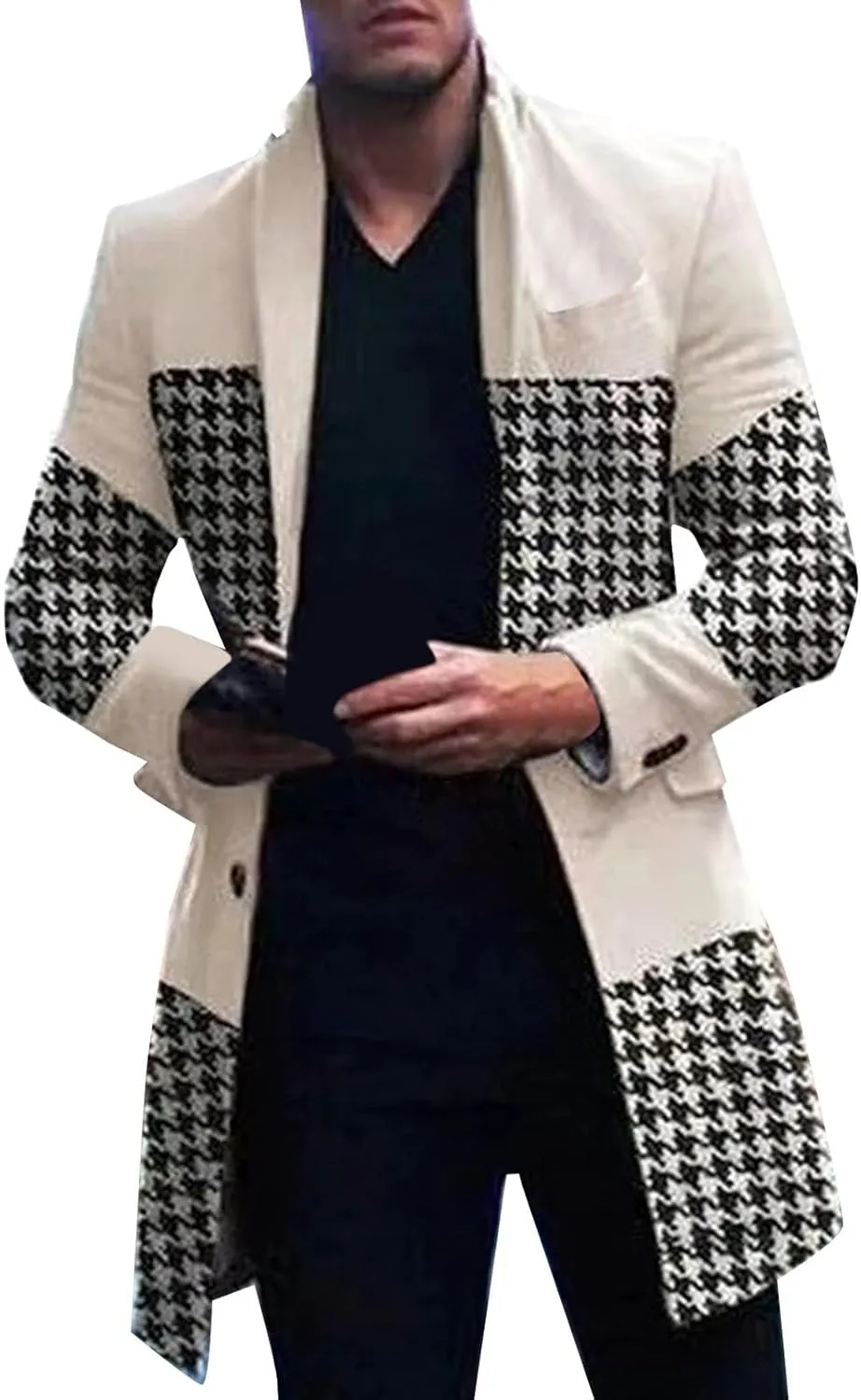 Men's Tweed Trench Coat Notched Collar Single Breasted Overcoat Vintage Big And Tall Warm Winter Plaid Midi Jackets