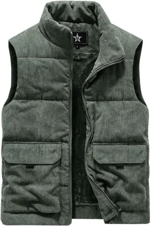 Men's Vintage Sherpa Lined Vest Corduroy Outdoor Trucker Sleeveless Jackets Winter Zip Up Stand Thickened Waistcoat