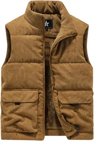 Men's Vintage Sherpa Lined Vest Corduroy Outdoor Trucker Sleeveless Jackets Winter Zip Up Stand Thickened Waistcoat