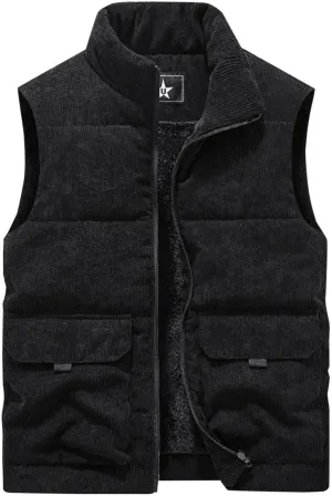 Men's Vintage Sherpa Lined Vest Corduroy Outdoor Trucker Sleeveless Jackets Winter Zip Up Stand Thickened Waistcoat