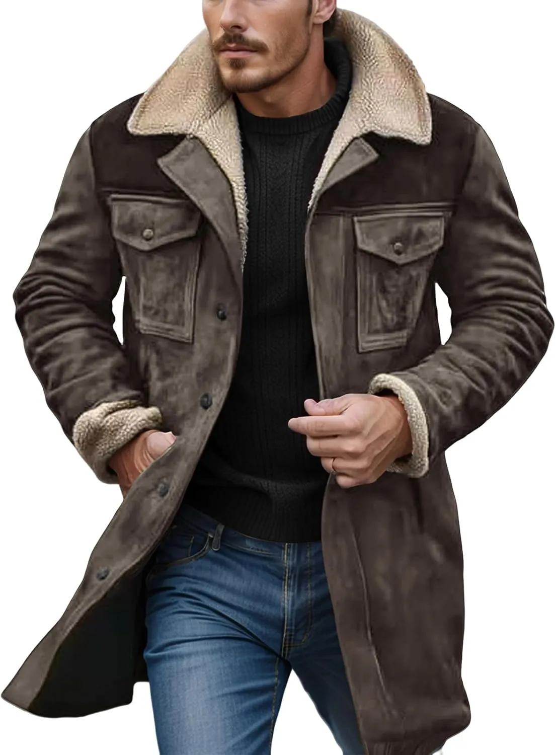 Men's Vintage Suede Jacket Faux Leather Jackets Plush Reversed Collar Coats Western Motorcycle Coat Retro Outwear