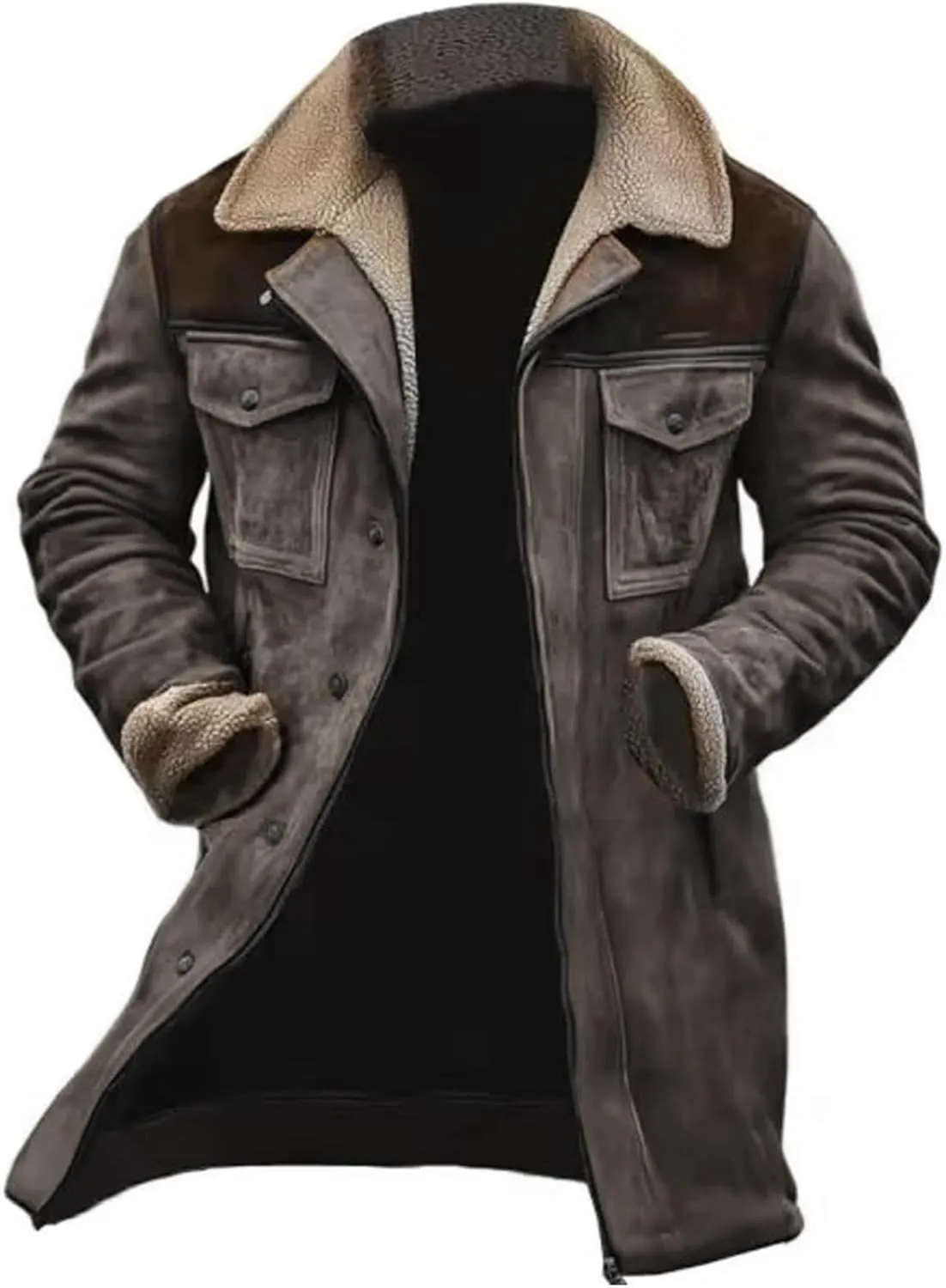 Men's Vintage Suede Jacket Faux Leather Jackets Plush Reversed Collar Coats Western Motorcycle Coat Retro Outwear