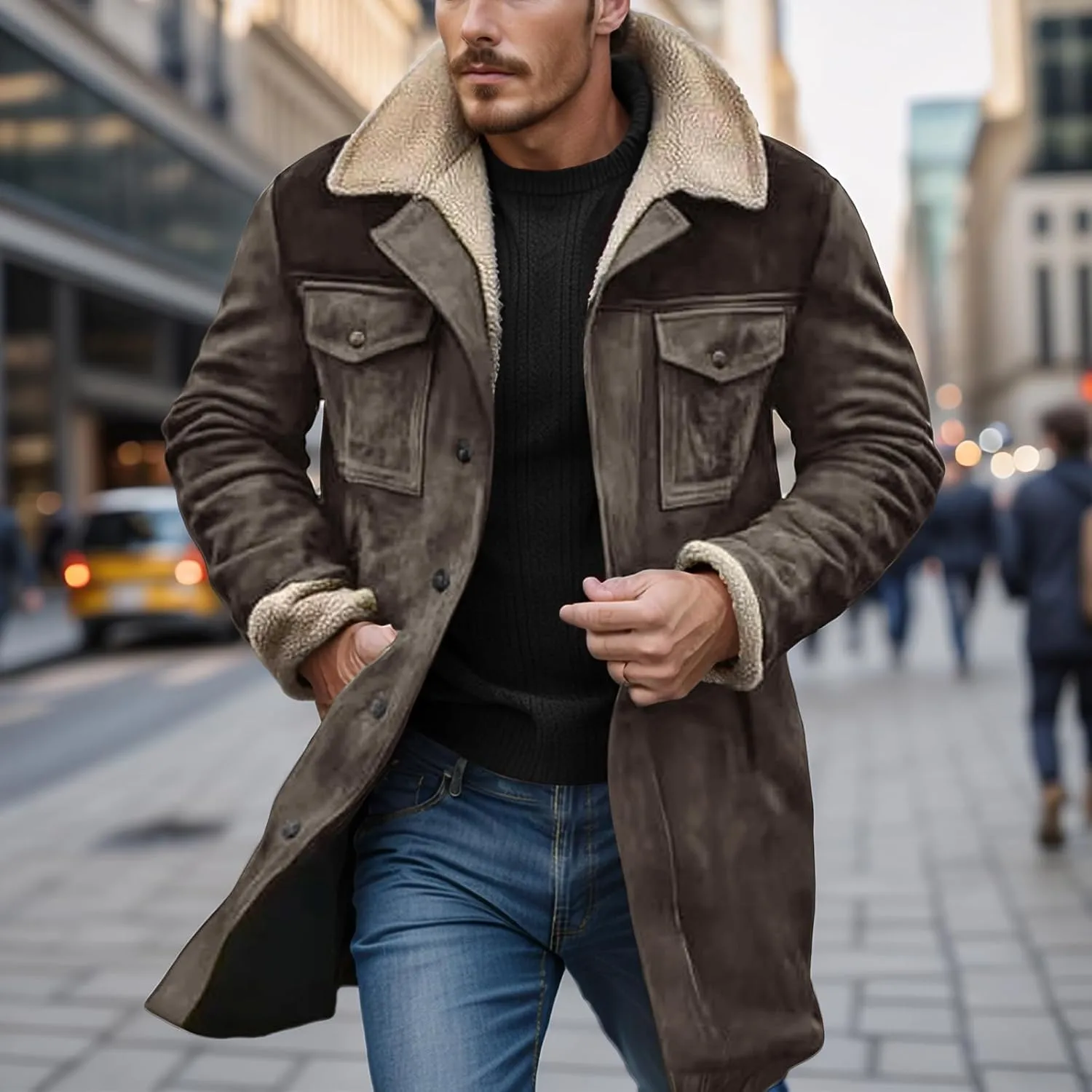 Men's Vintage Suede Jacket Faux Leather Jackets Plush Reversed Collar Coats Western Motorcycle Coat Retro Outwear