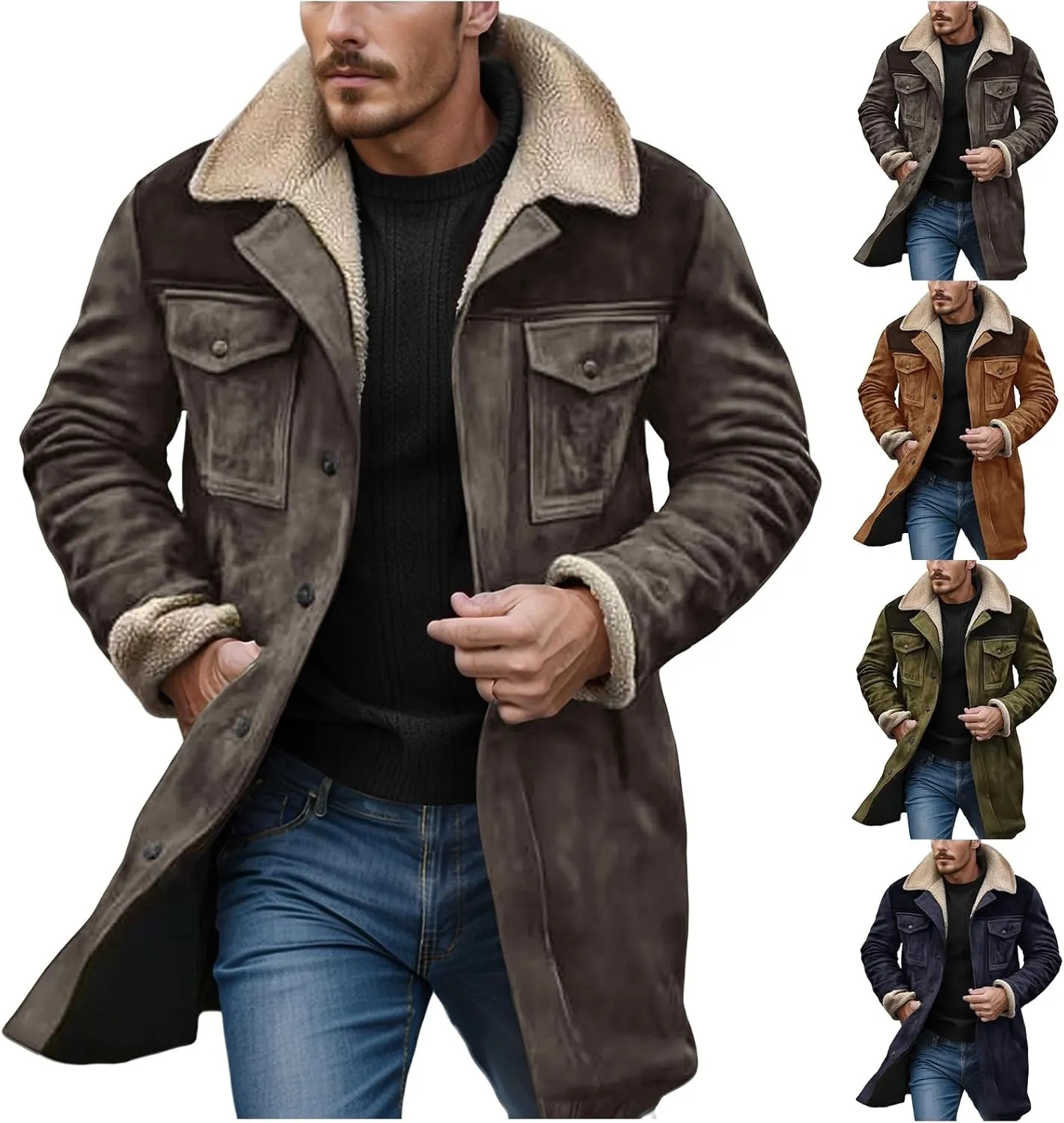 Men's Vintage Suede Jacket Faux Leather Jackets Plush Reversed Collar Coats Western Motorcycle Coat Retro Outwear