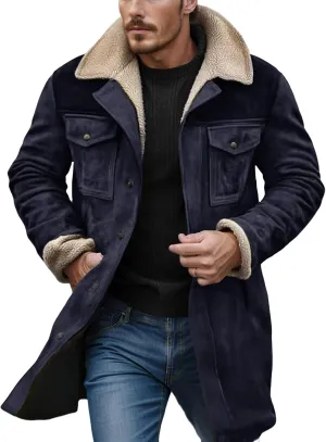 Men's Vintage Suede Jacket Warm Plush Collar Faux Leather Jacket Motorcycle Zip Up Winter Coat Big and Tall Trench Coat