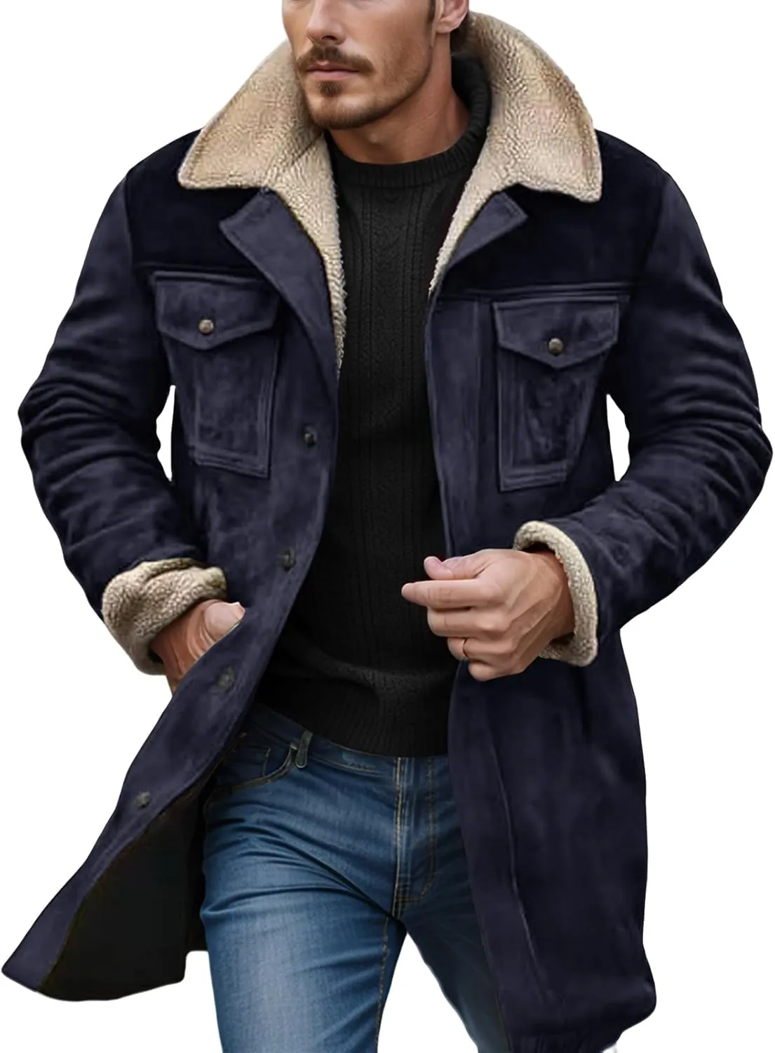 Men's Vintage Suede Jacket Warm Plush Collar Faux Leather Jacket Motorcycle Zip Up Winter Coat Big and Tall Trench Coat