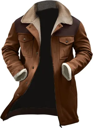 Men's Western Vintage Suede Lamb Fleece Jacket Sherpa Multi Pocket Button Outdoor Coat Warm Retro Top 2024