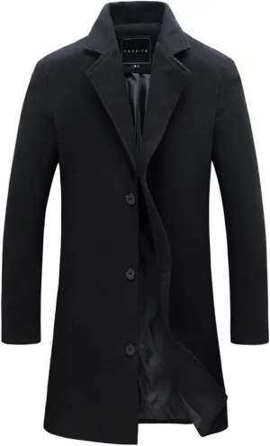 Mens Wool Blend Coat Winter Trench Coats Notched Lapel Collar Single Breasted Overcoat Classic Business Peacoat