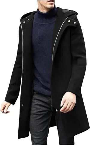 Mens Zip Up Trench Coats Winter Wool Blend Fashion Long Jackets Casual Long Sleeve Mid Length Hooded Overcoat