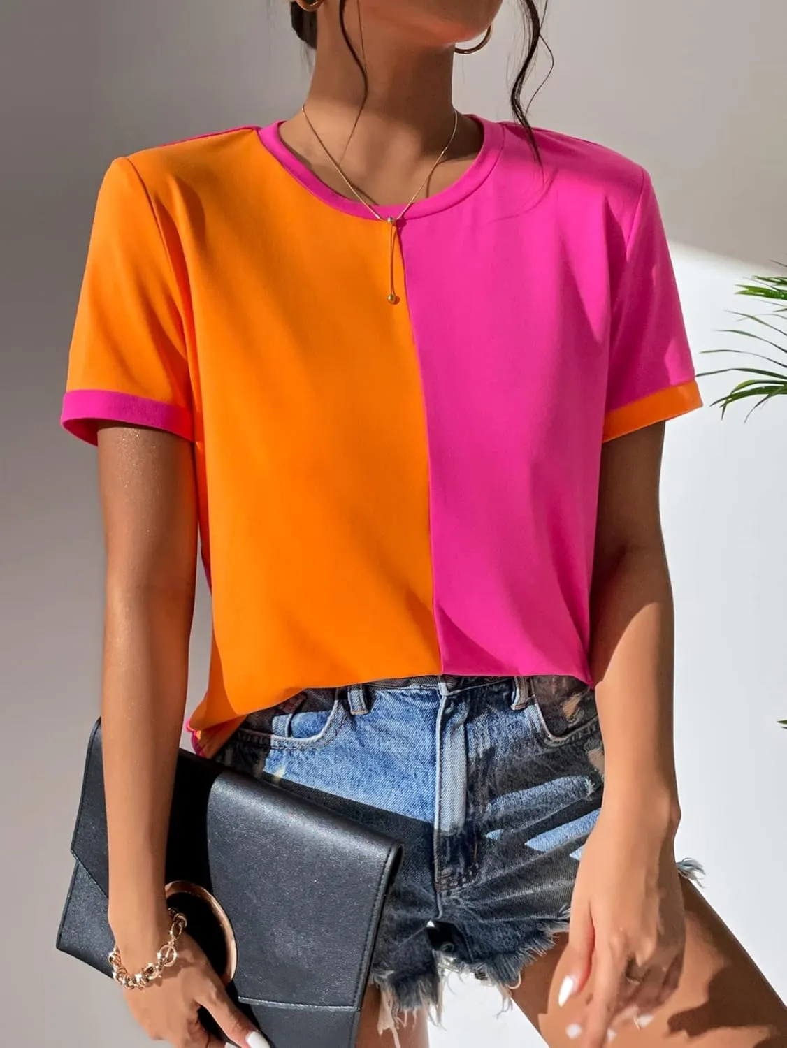 Milumia Women's Casual Color Block Short Sleeve T Shirt Crew Neck Tee T Shirt Tops