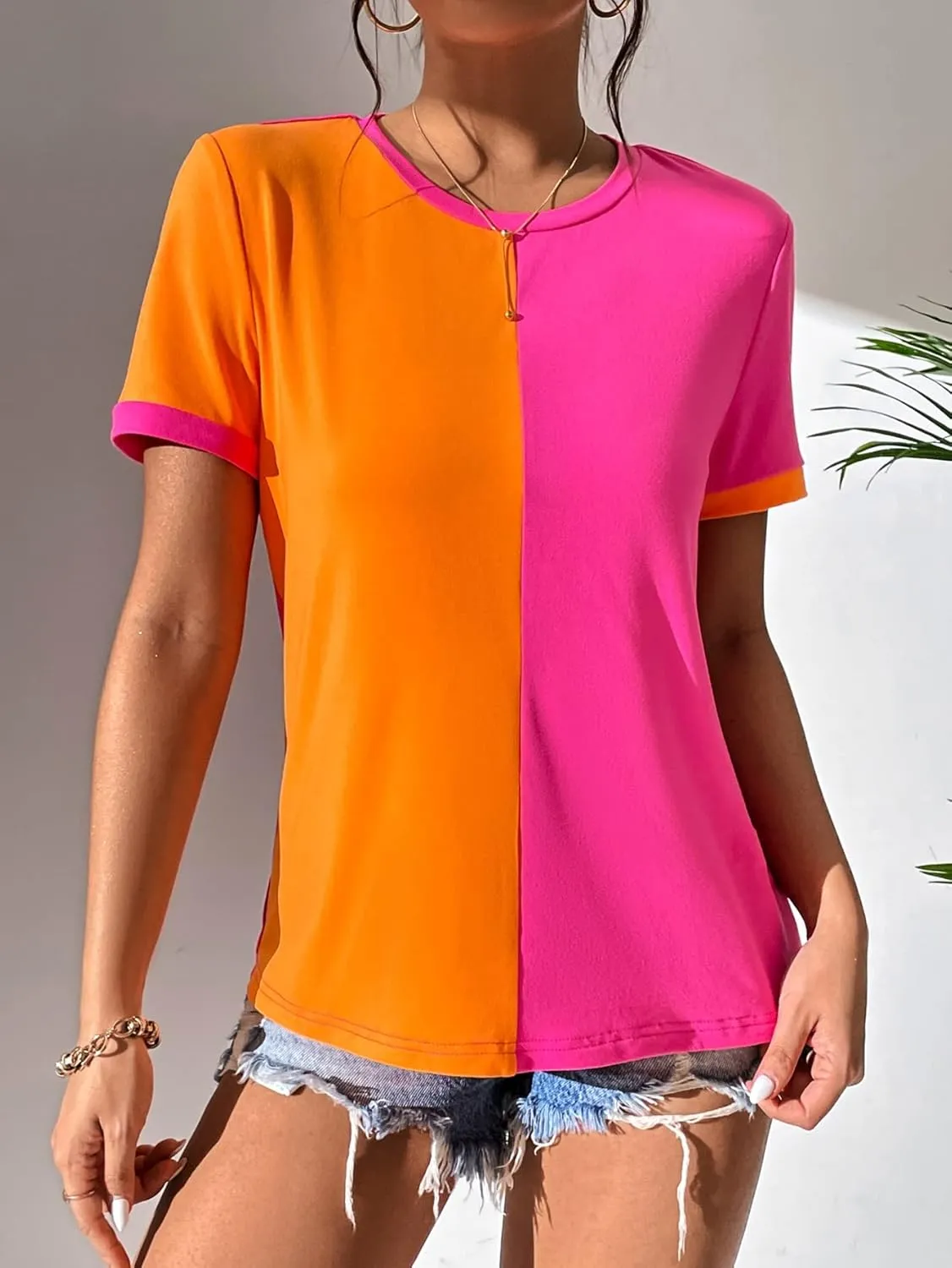 Milumia Women's Casual Color Block Short Sleeve T Shirt Crew Neck Tee T Shirt Tops