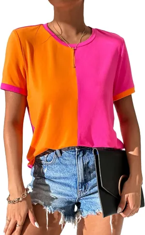 Milumia Women's Casual Color Block Short Sleeve T Shirt Crew Neck Tee T Shirt Tops