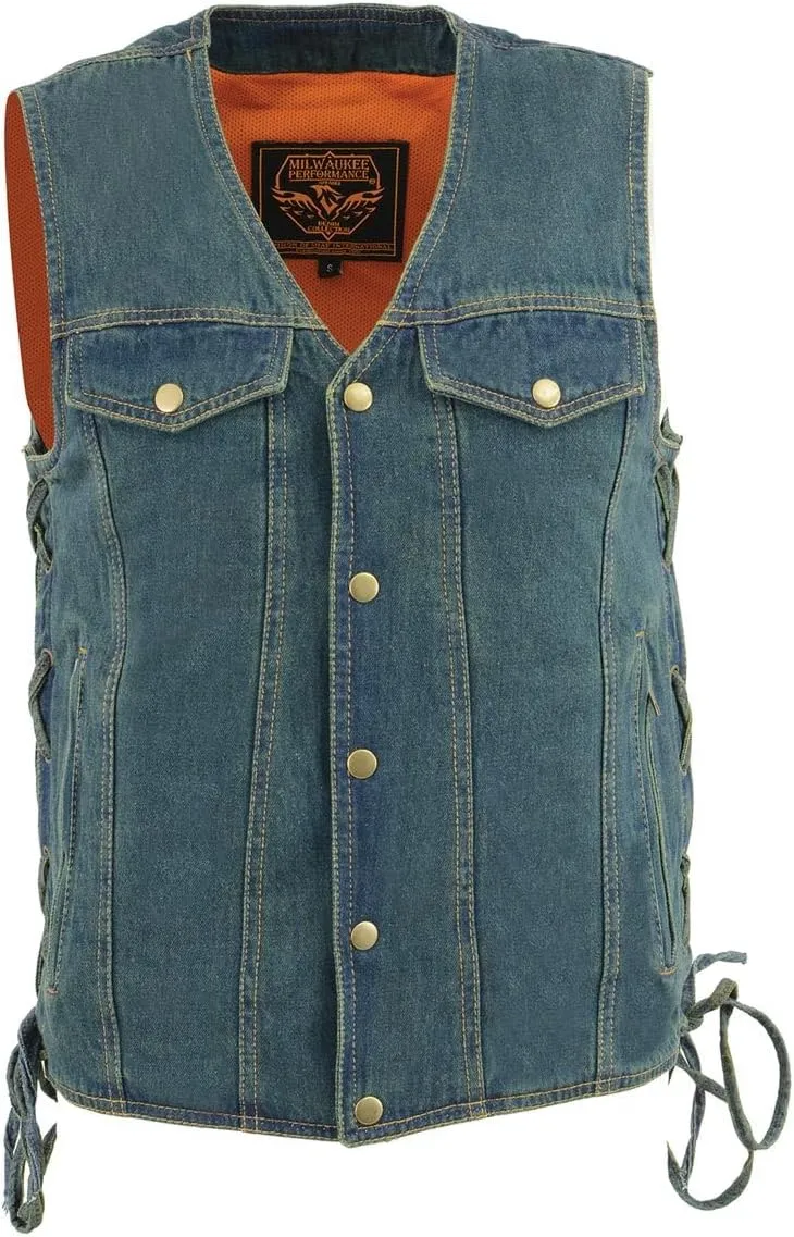 Milwaukee Leather DM1360 Men's Classic Blue Denim Motorcycle Biker Riders Vest w/Adjustable Side Laces
