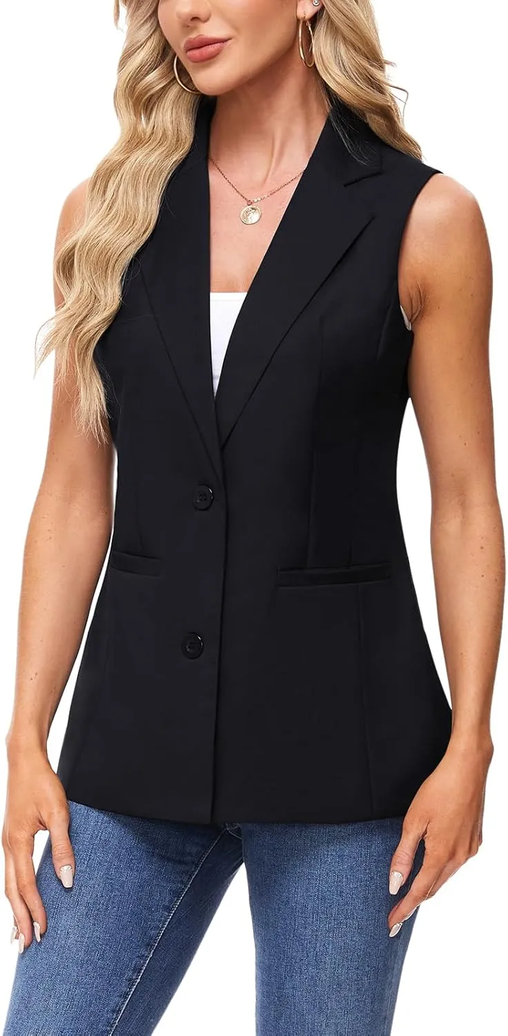 MINTLIMIT Sleeveless Vest Blazer for Women Casual Open Front Cardigan Vest Office Lapel Button Long Blazers with Pockets