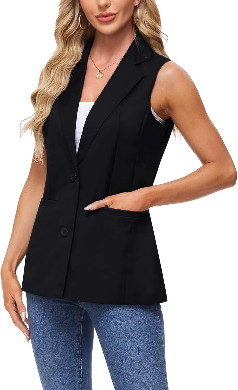 MINTLIMIT Sleeveless Vest Blazer for Women Casual Open Front Cardigan Vest Office Lapel Button Long Blazers with Pockets