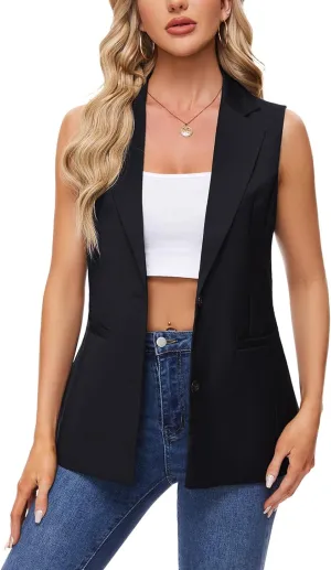 MINTLIMIT Sleeveless Vest Blazer for Women Casual Open Front Cardigan Vest Office Lapel Button Long Blazers with Pockets