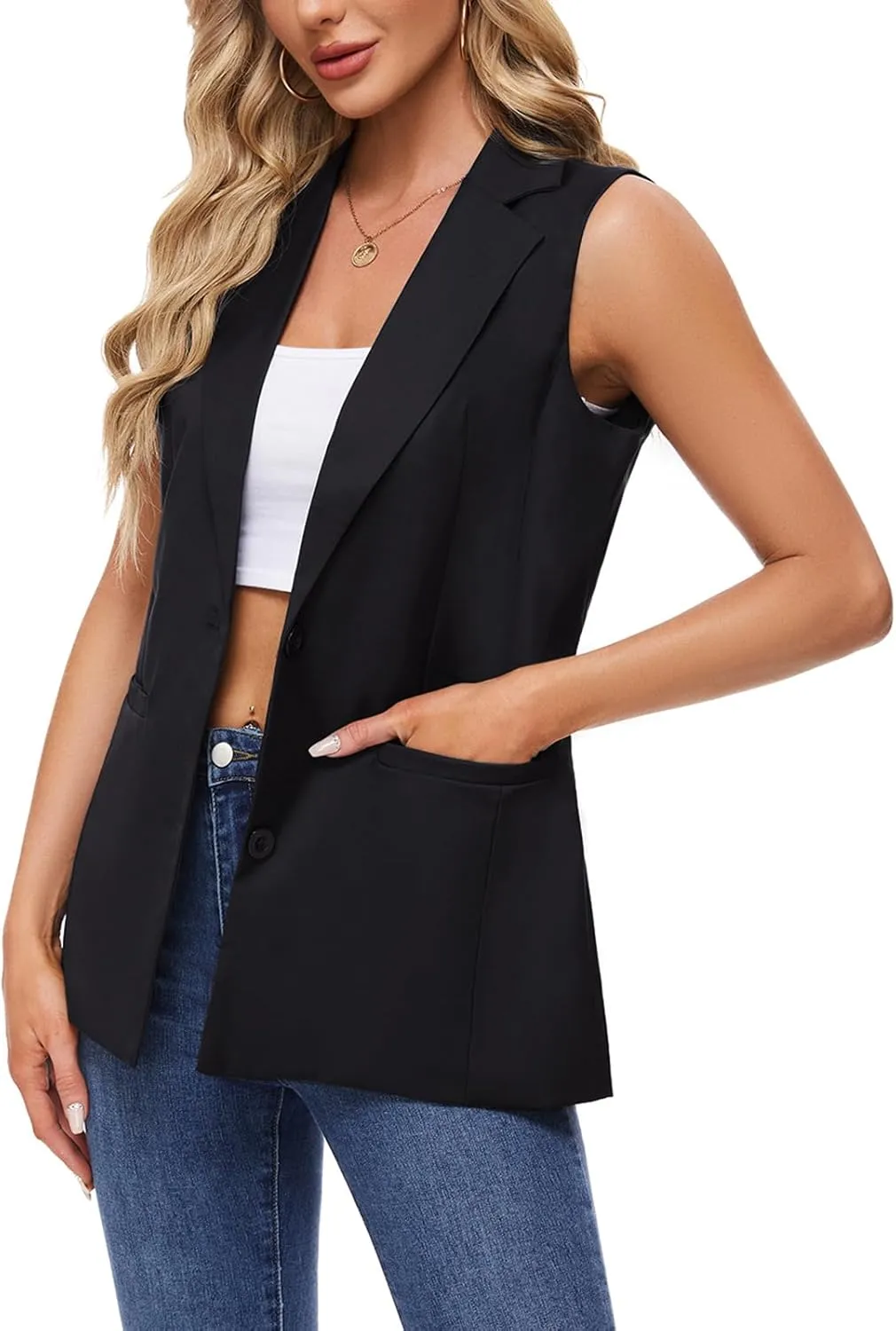MINTLIMIT Sleeveless Vest Blazer for Women Casual Open Front Cardigan Vest Office Lapel Button Long Blazers with Pockets
