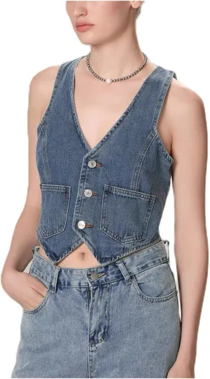 Miqil Women Y2K Button Down Denim Vest Sexy Sleeveless Denim Crop Top Low Cut Strapless Jean Corset Bustier Streetwear