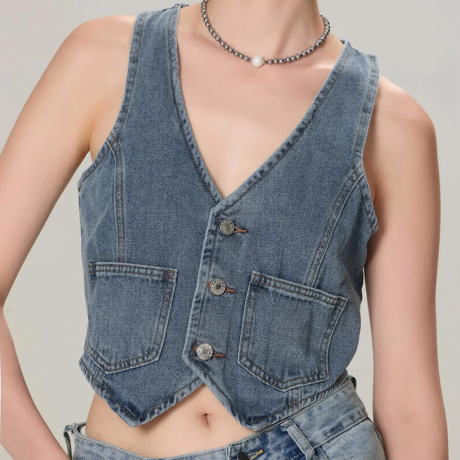Miqil Women Y2K Button Down Denim Vest Sexy Sleeveless Denim Crop Top Low Cut Strapless Jean Corset Bustier Streetwear