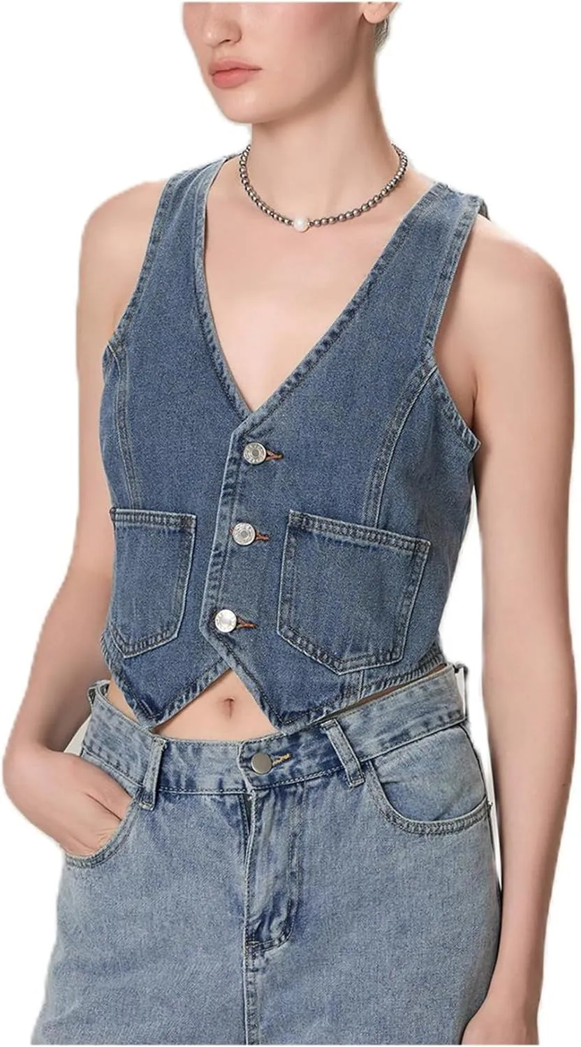 Miqil Women Y2K Button Down Denim Vest Sexy Sleeveless Denim Crop Top Low Cut Strapless Jean Corset Bustier Streetwear