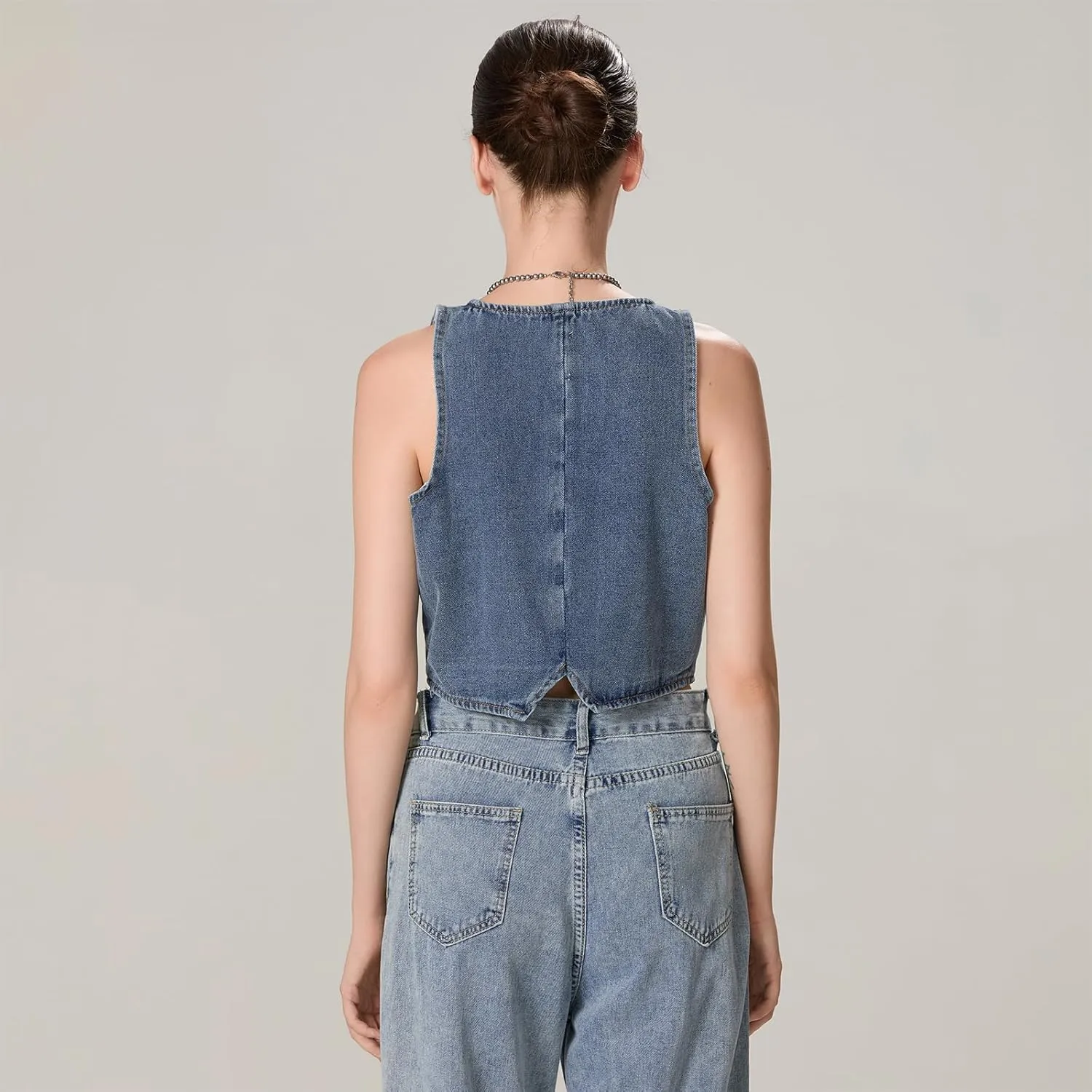 Miqil Women Y2K Button Down Denim Vest Sexy Sleeveless Denim Crop Top Low Cut Strapless Jean Corset Bustier Streetwear