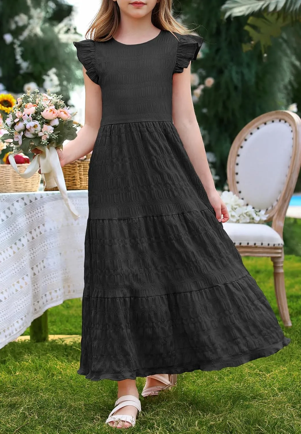 MITILLY Girls Summer Maxi Dress Cute Ruffle Short Sleeve A Line Flowy Casual Party Dresses with Pockets 6-13 Years