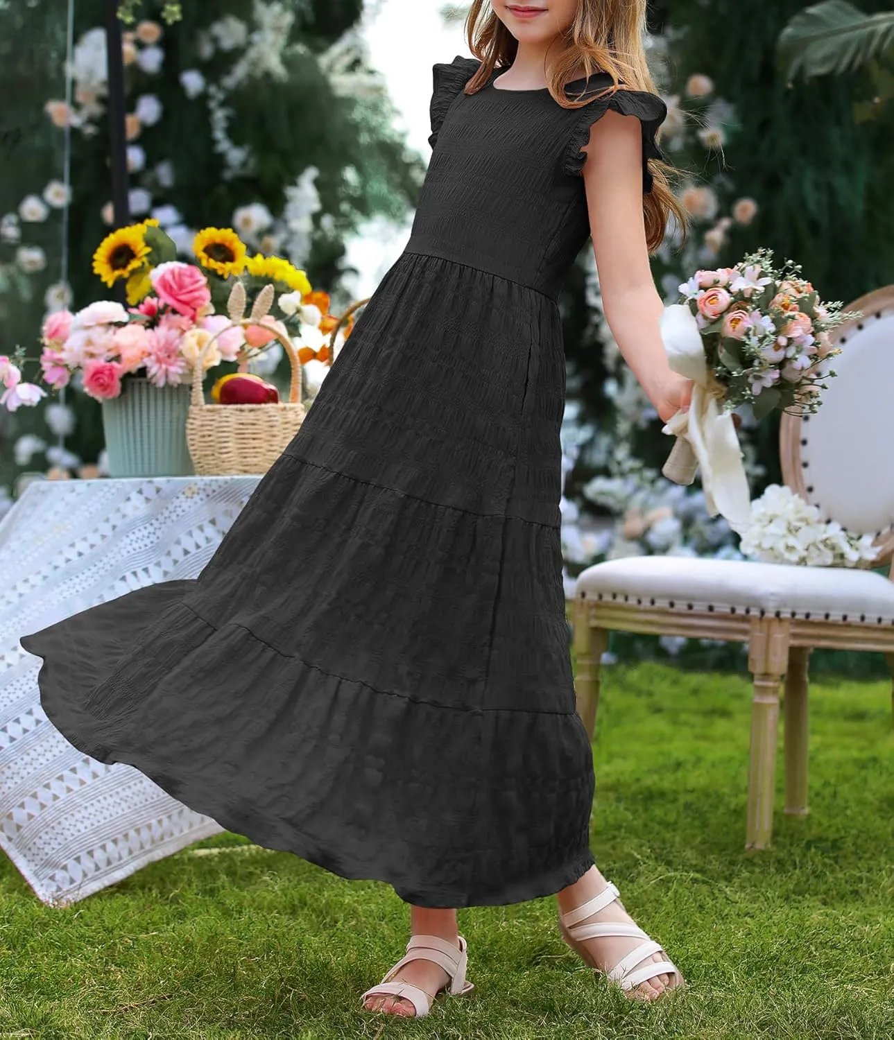 MITILLY Girls Summer Maxi Dress Cute Ruffle Short Sleeve A Line Flowy Casual Party Dresses with Pockets 6-13 Years