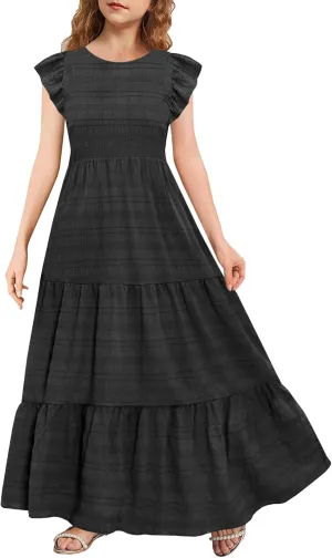 MITILLY Girls Summer Maxi Dress Cute Ruffle Short Sleeve A Line Flowy Casual Party Dresses with Pockets 6-13 Years