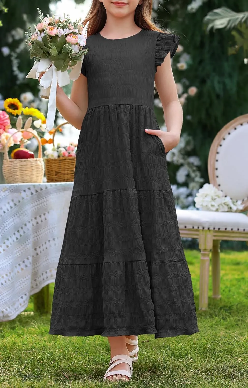 MITILLY Girls Summer Maxi Dress Cute Ruffle Short Sleeve A Line Flowy Casual Party Dresses with Pockets 6-13 Years