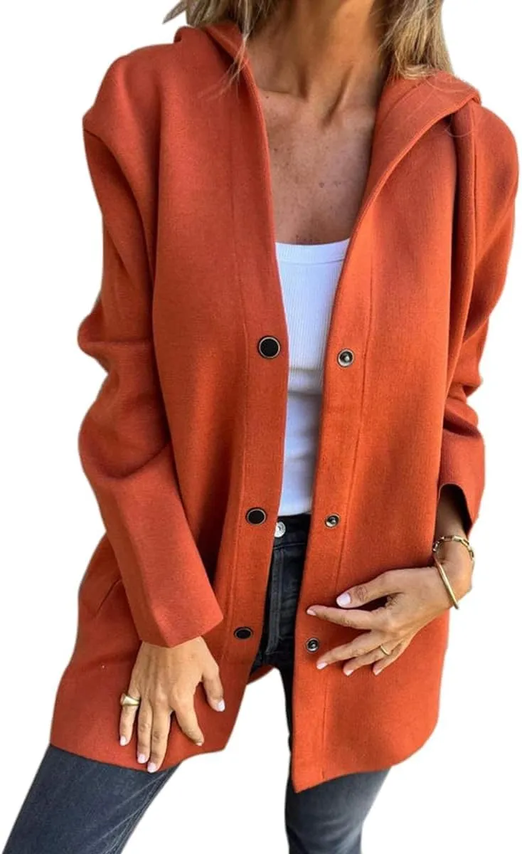 Mmoneyake Casual Jackets for Women Lapel Single Breasted Hooded Jacket Fall Trench Coat Long Sleeve Button Down Shirt Shacket