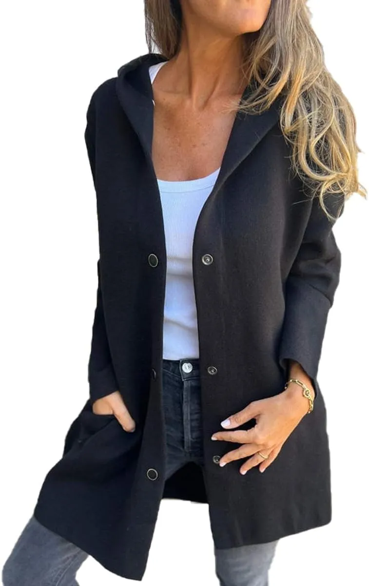 Mmoneyake Casual Jackets for Women Lapel Single Breasted Hooded Jacket Fall Trench Coat Long Sleeve Button Down Shirt Shacket