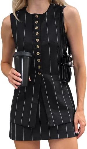 Molilove Women's Linen 2 Piece Skirt Set - Crew Neck Button Vest Top & Sleeveless Blazer - Stripe Shorts Suit