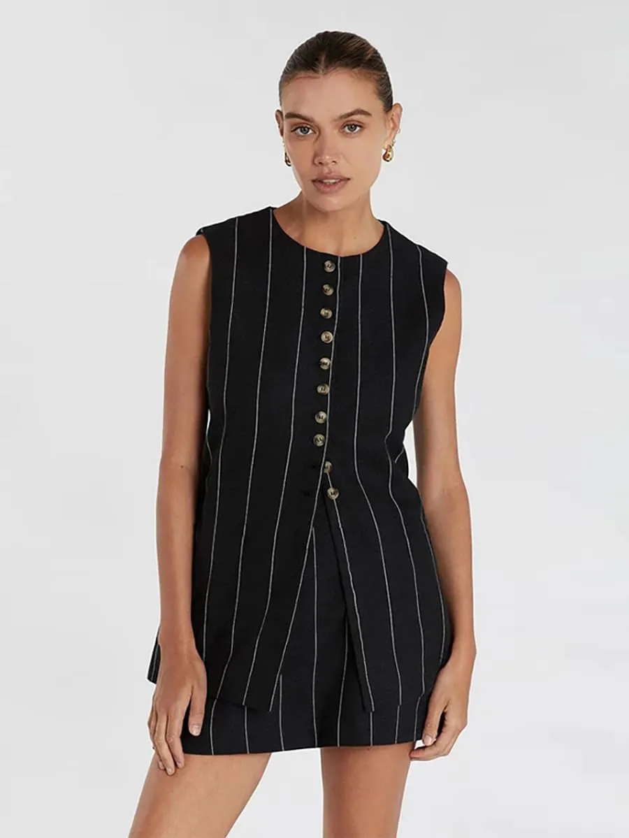 Molilove Women's Linen 2 Piece Skirt Set - Crew Neck Button Vest Top & Sleeveless Blazer - Stripe Shorts Suit