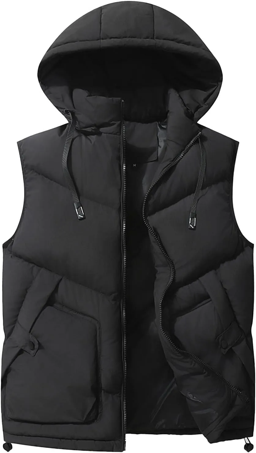NATHGAM Men's Hooded Puffer Vest Zip Up Lightweight Quilted Gilet Sleeveless Down Jacket Winter Warm Cotton Padded Waistcoat